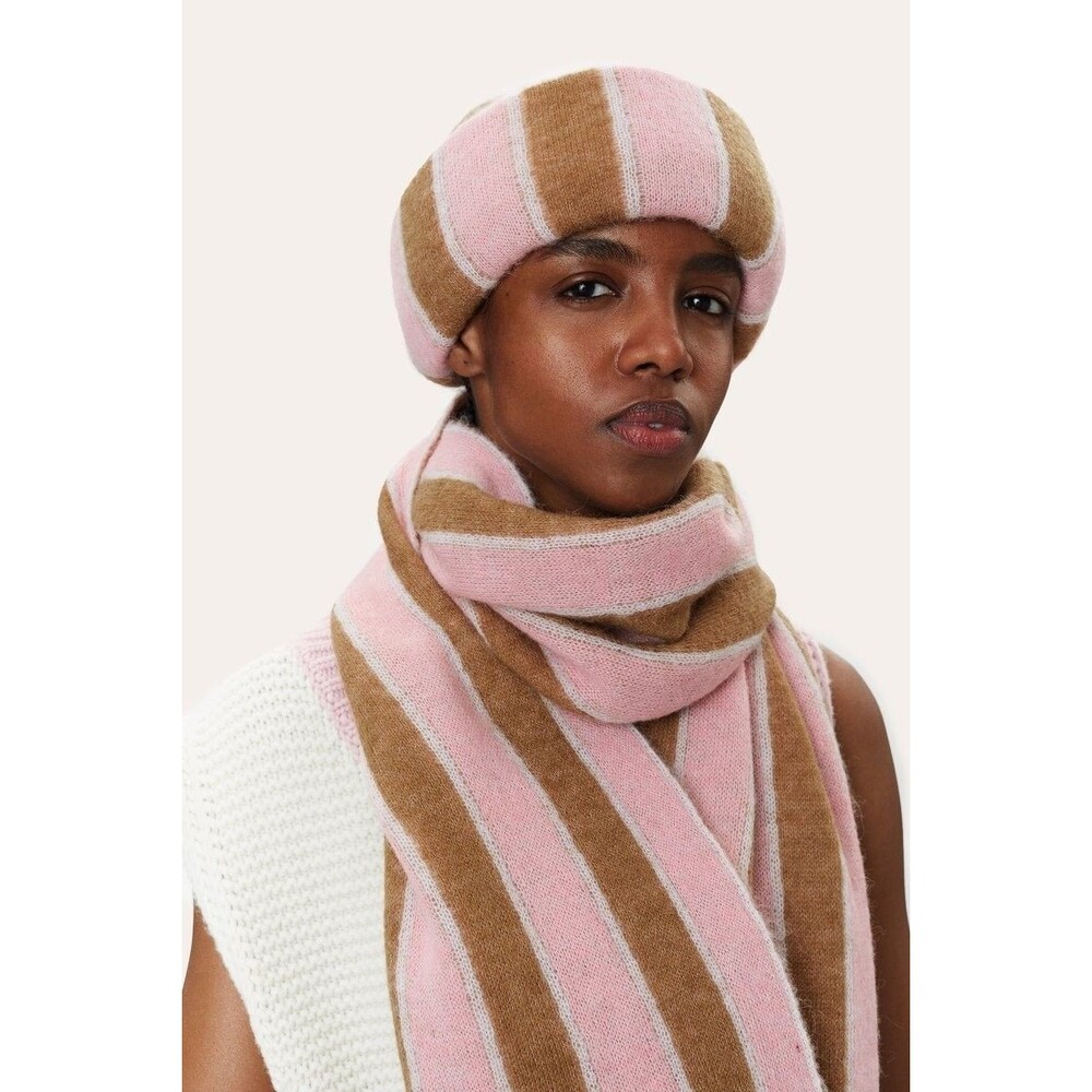Stine Goya Cleo Beanie Pink Brown Wool Blend Stripe Thick Oversized Folded